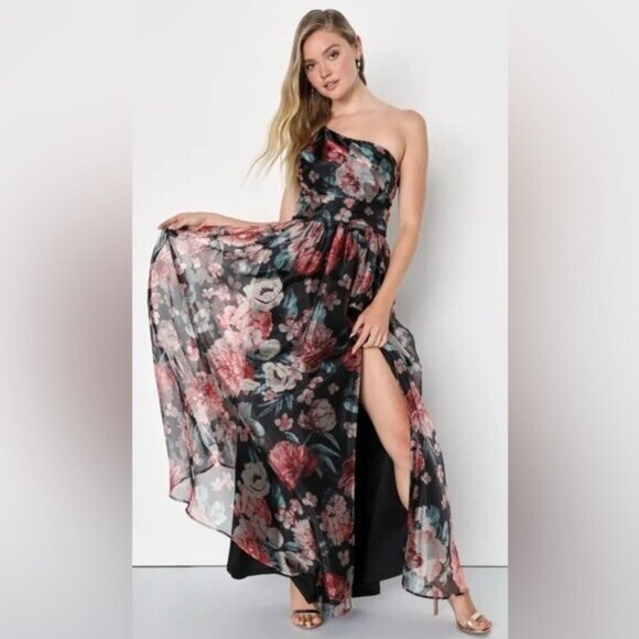 Lulus Dresses & Skirts - LULUS Bringing the Charm Floral Full Length Organza Gown One Shoulder NWT Sz S